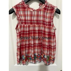 Sister Mary Women's Small Red Plaid Sleeveless Blouse‎ with Floral Embroidery